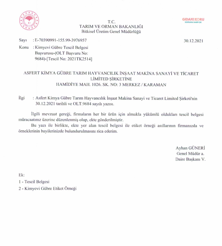 Kimyevi Gübre Tescil Belgesi