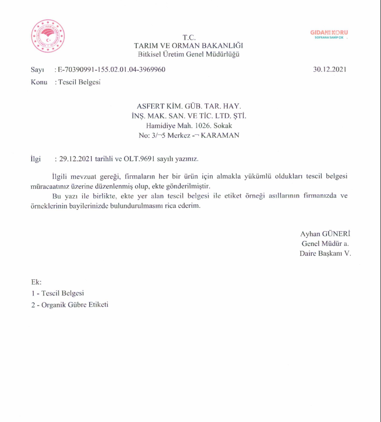 ORGANOMİNERAL ÜRÜNLER TESCİL BELGESİ